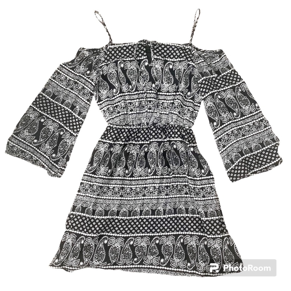 NWT Interi Womens Black White Print Cold Shoulder Lined Boho Dress Size Large